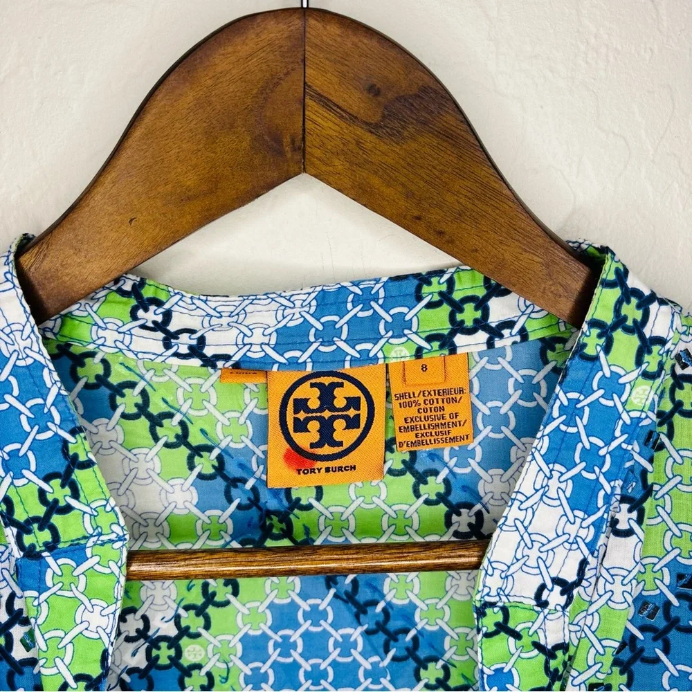 Tory Burch Blue and Green Patterned‎ Top Size 8 Cotton Sequin Long Sleeve